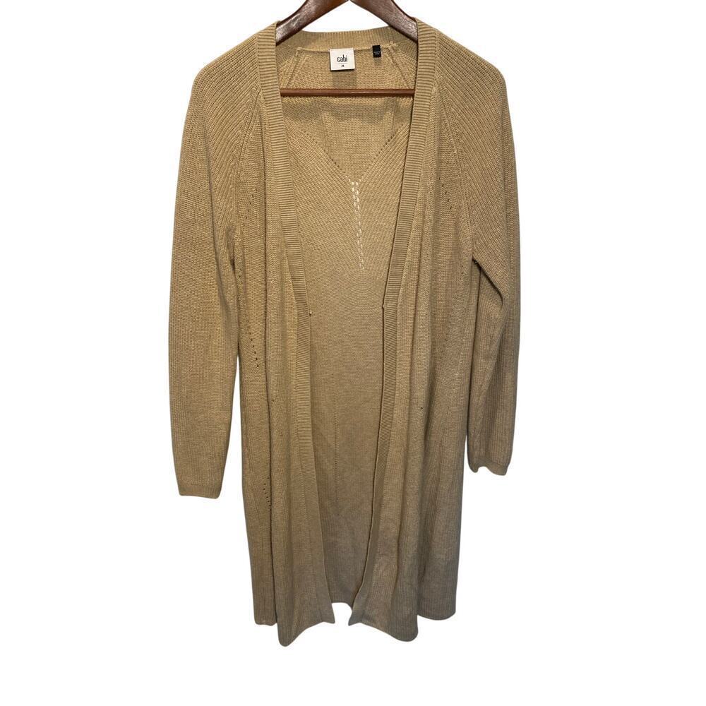 CAbi Long Open Front Scoop-Neck Cardigan in Camel